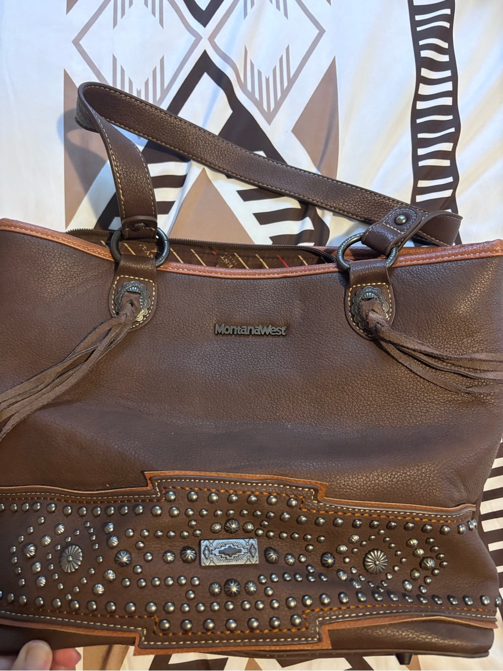 Montana West Brown Leather Studded Tote with Fringe - Picture 1 of 2